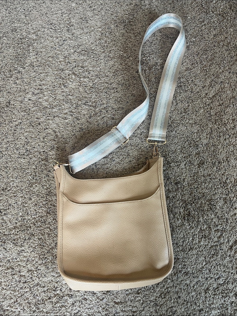 Versatile Beige Crossbody Bag with Striped Adjustable Strap